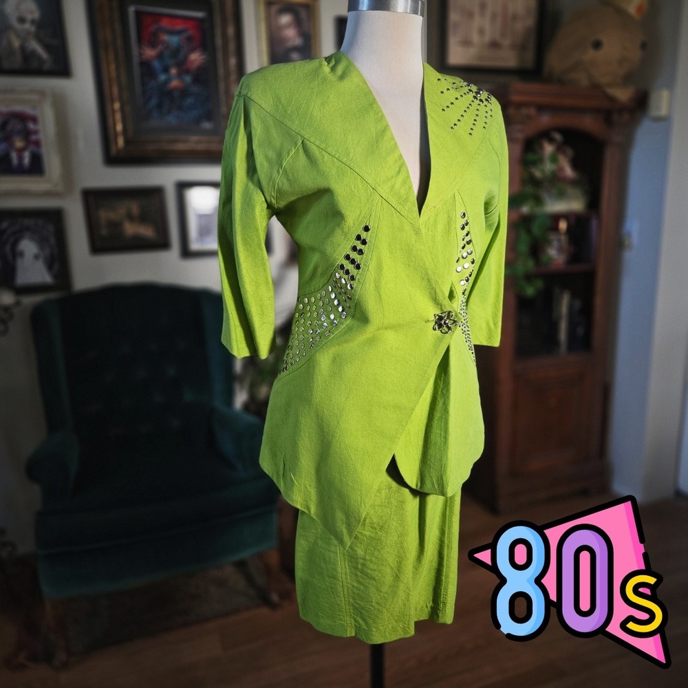 Vintage 80s Mesmerize Lime Green Skirt‎ Suit Studded Avant Garde Power Set
